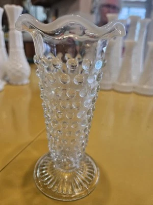 Fenton Hobnail Vase Opalescent Glass MILKY WHITE RIM 5.5"H