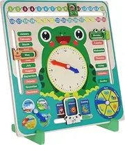 FUNNETOYU Educational Wooden Calendar Frog Clock Boys and Girls Learning Toy Cognitive Aid Time and Date Teaching Tool