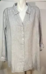 Tahari Women 1X Navy Blue White Stripe Linen Blouse top Tunic Shirt New NWT