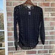 DKNY Black Long Sleeve Sheer Houndstooth Blouse Top Women Medium NWT