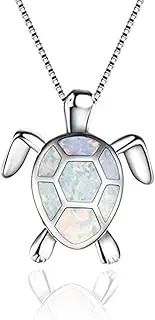 [Hithop] Beiswe Cute Turtle Pendant Necklace Lovely Animals White Fire Opal 925 Sterling Silver Necklace Jewellery Gifts (White)