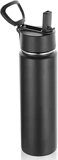 Volhoply 22 oz Insulated Water Bottles with Straw Lid, Stainless Steel Sports Bottle with Handle, Double Walled Metal Travel Water Cups with Wide Mouth, Reusable Water Flask for School(Black,1 Set)