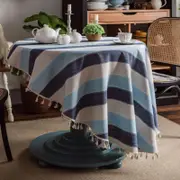Catzon Stitching Tassel Kitchen Decoration Round Dustproof Tablecloth-Blue Stripe