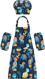 AIXIWAWA Kids Apron Chef Hat Set, Child Kitchen Bib Aprons Adjustable for Cooking Baking Painting (Cartoon African Animals)