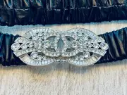 Chanel Belt Black Scrunch Leather Rhinestone Silver Hook Clasp Sz 85