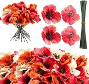 60PCS Red Poppy Artificial Flowers Poppy Flower Heads Faux Red Corn Poppies Flowers with Flower Branch Poppies for Christmas Holiday Remembrance Day Memorial Day Decoration colorful
