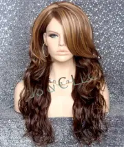 Human Hair Blend Full Wig Wavy Caramel Brown mix Long Heat OK Layered 8-12 RCLA