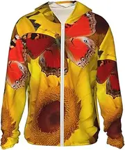 [LHBWCVN] UPF 50+ Light Jacket Full Zip Sun Protection Hoodie for Women Men Long Sleeve Yellow Sunflowers with Red Butterfly Sun Shirts