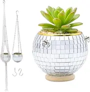 FGBNM Disco Ball Planter, 4" Silver Disco Ball Planter, Disco Ball Plant Hanger with Hanging Rope, Hanging Chain, Hook, Circle and Extra Mirror Pieces (4" Silver, 1pcs)