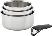 T-FAL Ingenio Stainless Steel Cookware Set 4 Piece, Induction, Cookware, Pots and Pans, RV, Camping, Oven, Broil, Dishwasher Safe, Detachable Handle, Silver