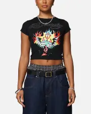 [ED HARDY] Ed Hardy Women's Flame Roll Baby T-shirt Black - Size XL XL Black