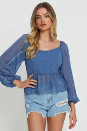 Blue Peplum Top Long Sleeve - Size XS, Women's Cami