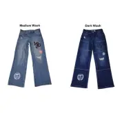 Limited Too Girls Decorative Patches Zip & Button Straight Leg Denim