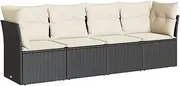 vidaxl 4-Piece Modular Garden Sofa Set- Black PE Rattan Seating with Cream Cushions - Outdoor Patio Deck Lounge Furniture