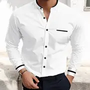 Men's Shirt Band Collar Shirt Dress Shirt Oxford Shirt Button Up Shirt Wedding Vacation White Navy Blue Gray Light Blue Long Sleeve Standing Collar Spring Sum