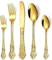 OIULO Gold Silverware Set Gorgeous Retro Royal 40 Pieces Flatware Set for 8, 18/0 Stainless Steel Mirror Flatware Cutlery Set, Include Forks Spoons and Knives set, Antique Baroque Dishwasher Safe