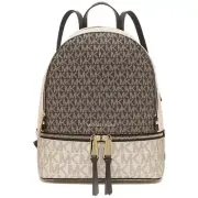 Michael Kors Rhea Zip Medium Logo PVC Canvas Backpack Brown Pale Gold