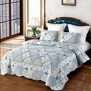 VIVILINEN Blue Floral Patchwork Quilt Set 132x120 Alaska King Size Bedding Set 3-Piece Extra Wide Super King Size Rversible Quilted Bedspread Coverlet Set Comforter Bed Cover with 2 Pillow Shams