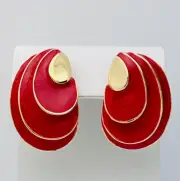 Vintage 1980-90s Gold Tone Red Enamel Shell Pierced Earrings
