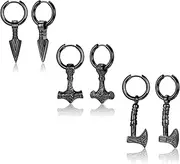 [Milacolato] 3 Pairs of Men's Viking Earrings for Men Dangly Norse Thor's Hammer Axe Stainless Steel Huggies Small Hoop Earrings Men's Earrings Gothic Viking Jewellery Black/Silver
