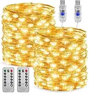 [2 Pack] 33ft 100LED USB Fairy Lights Plug in with Remote, Twinkle String Light with Remote and Timer, Waterproof 8 Modes Starry Lights for Indoor Wreath DIY Party Wedding Christmas Decoration