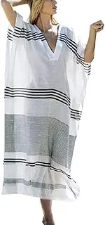 [L-Peach] Women's Summer Fashion V Neck Stripe Printed Loose Long Kaftan Bikini Cover Up Elegant Beach Dress One Size