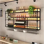 3 Tier Wall Mounted Bar Unit with LED Lighted Floating Shelf for Wine Bottles and Glasses