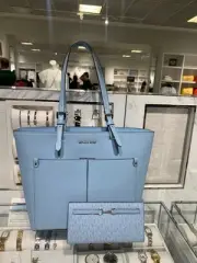 Michael Kors Women Medium Double Pocket Tote Bag+ Snap Card Wallet Light Sky MK