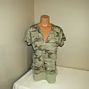 Sanctuary Cotton Rayon Mesh Hem Blouse Top T-Shirt Camo Green LARGE NWT
