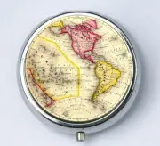 Western Hemisphere PILL case pill box pillbox holder Vintage World Map