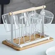 Cup Drying Rack, Mug Draining Organizer, Drinking Glass Drainer Stand with Wooden Tray and Silicone Protective Hooks,6 Cups Mug Glass Stand Holder,Non Slip Bottle Drying Shelf for Glasses,Tumbler