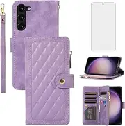 [Asuwish] Phone Case for Samsung Galaxy S23 5G Wallet Cover with Tempered Glass Screen Protector and Flip Zipper Credit Card Holder Slot Stand Cell S 23 23S GS23 G5 SM-S911U 6.1 inch Women Men Purple