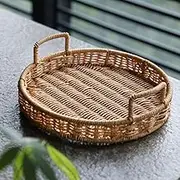 STOBAZA 8.7-Inch Round Rattan Serving Tray With Handles for Bread, Breakfast, Drinks, Snacks - Decorative Woven Wicker Basket for Coffee Table