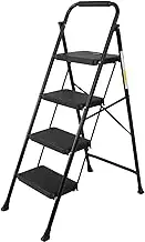 Folding Step Ladder 4 Step, Lightweight Steel Ladder with Non-Slip Rubber Feet & Release Button, 200kg Capacity Portable Step Stool for Home Kitchen Bathroom - Heavy Duty & Compact (Black)