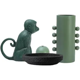北歐極簡灰綠動物猴子擺件現代簡約陶瓷圓球花器果盤玄關軟裝飾品