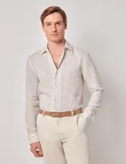 Hawes & Curtis Beige & White Stripe Pure Linen Slim Shirt | One Piece Collar | Full Cutaway Size: Small