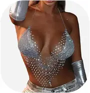 [Cusmyre] Shining Bikini Rhinestone Mesh Top Shirt Crystal Bra Body Chain Festival Rave Tassel Crop Tank Top Summer Beach Rhinestone Underwear Chain for Women