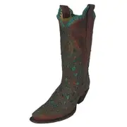 CORRAL Women's Embroidered Studded Turquoise Inlay Woven Snip Toe Boot R1419