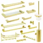 Brushed Gold Bathroom Towel Rack Rail Toilet Brush Paper Roll Holder Robe Hook