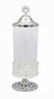 Elegant Glass Storage Jar with Hammered Metal Base and Lid Silver 17”