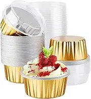 50pcs 5oz Reusable Ramekins, Gold Mini Aluminium Foil Baking Cups with Lids Creme Brulee Cupcake Liners, Oven Safe Aluminum Cupcake Liners Containers, Gold…