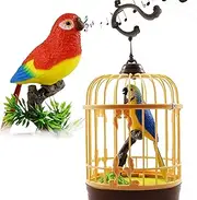 Haktoys Singing & Chirping Bird in Cage | Battery Operated & Sound Activated Parakeet on Tree Branch | Realistic Desk Accessory