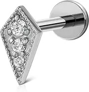 [FINE4U] Cartilage Earring for Tragus Conch Helix Flat Labret 16G 6mm 8mm - ASTM F136 Titanium Flatback Stud, Screw on Hypoallergenic Piercing Jewelry, Titanium, cubic zirconia