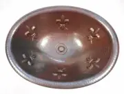19" Oval Hand Hammered Copper Bathroom Sink with Fleur de Lis Design and Drain