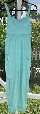Alice + Olivia Blue Frida Faux Leather Bustier Cargo Jumpsuit NWT. Sassy & Chic