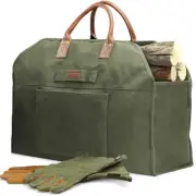 Firewood Log Carrier Bag Waxed Canvas Tote Holder with Fireplace Pure Leather...