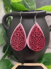 2.5” Silver-tone Boho Leather Wood Teardrop Dangle Earring Set Free Ship B3752
