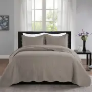 3 Piece Beige Quilted Bedspread Twin Queen King Size Embossed Coverlet Bed Throw