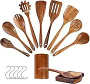 CATZONS Wooden Spoons for Cooking, 11 Pcs Wooden Cooking Utensils Set - with Holder & Spoon Rest, Smooth Finish Comfort Grip Teak Wood Spatula Set