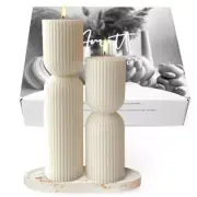 Decorative Candles - 3pcs Handmade Ribbed White Pillar Ribbed Pillar Candle Set